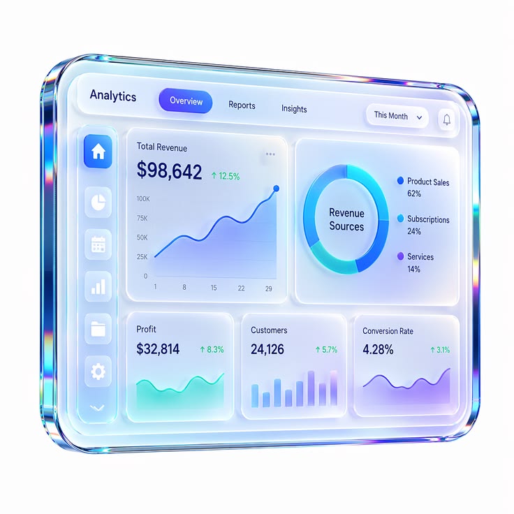 Glass analytics dashboard with revenue charts