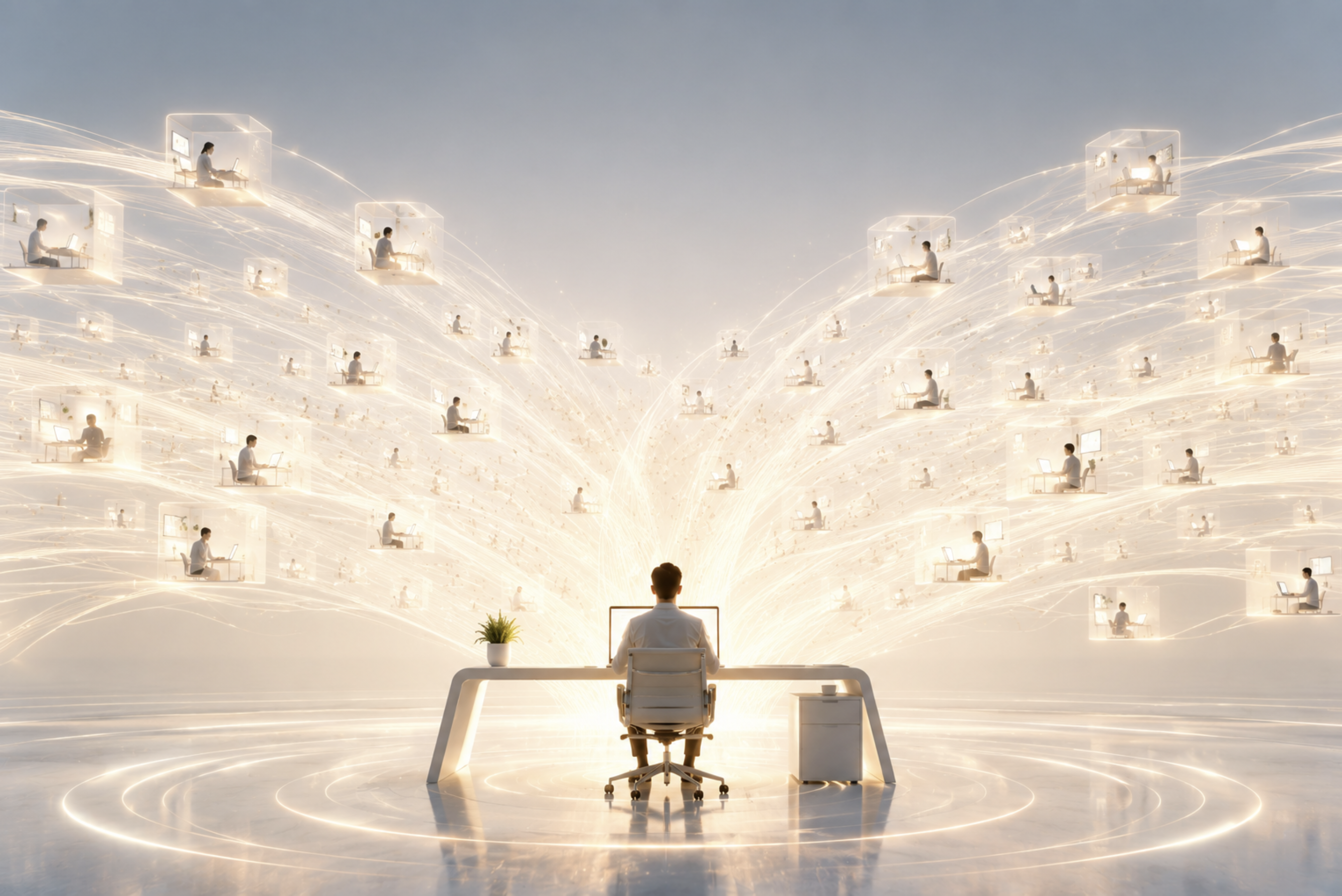 Person viewing a network of illuminated digital workspaces