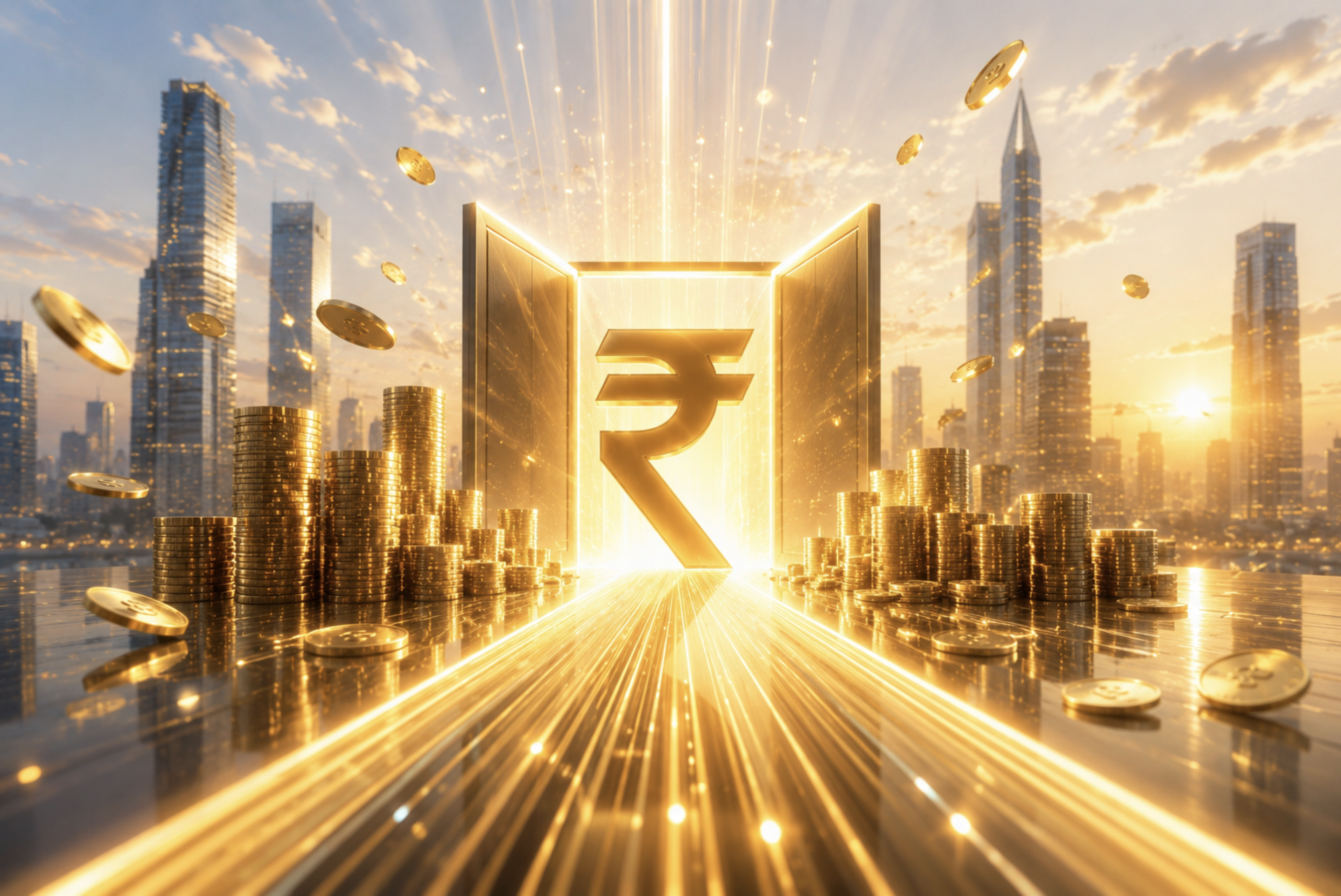 Rupee symbol glowing among gold coins in a city