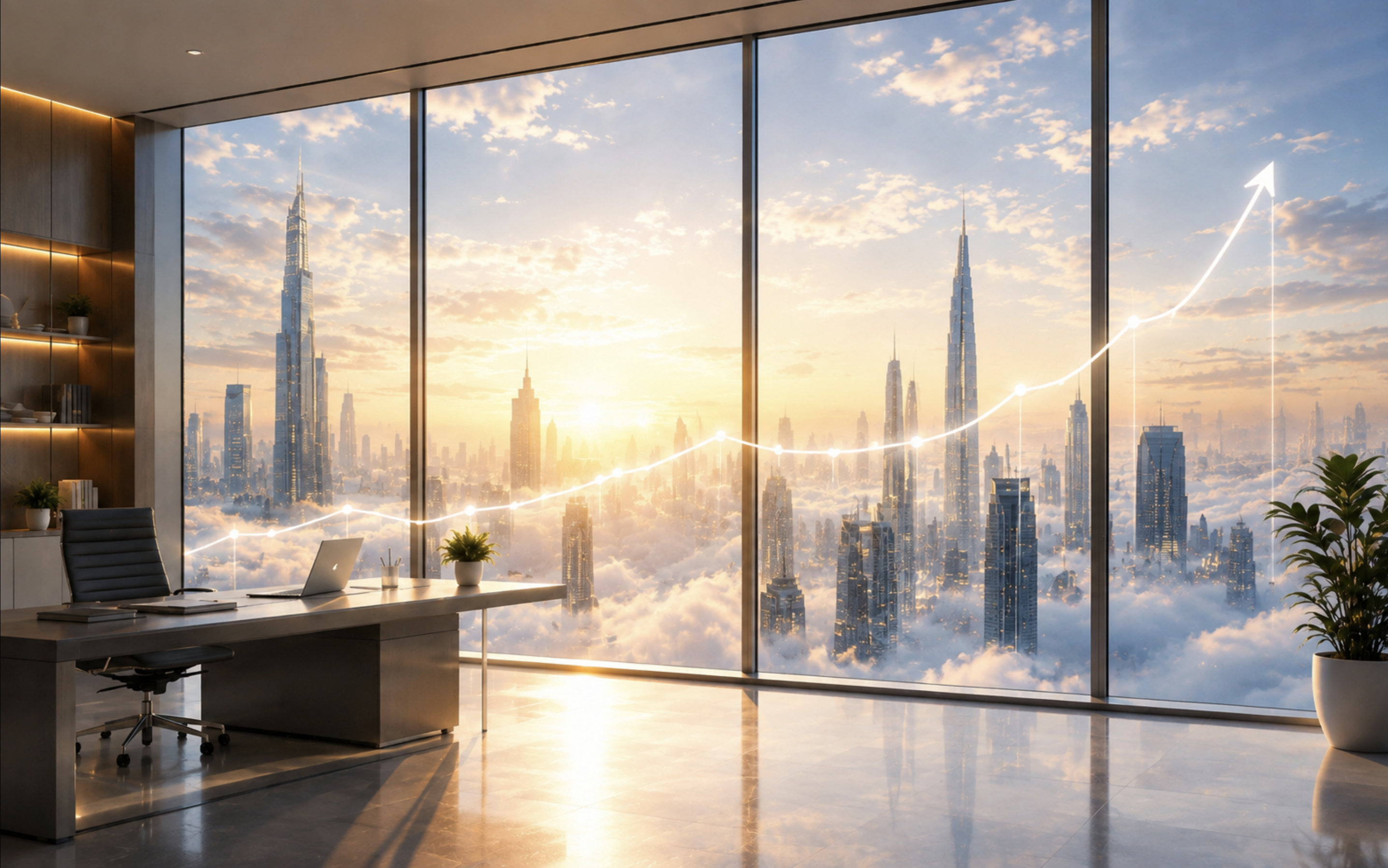 Office overlooking a rising city growth chart